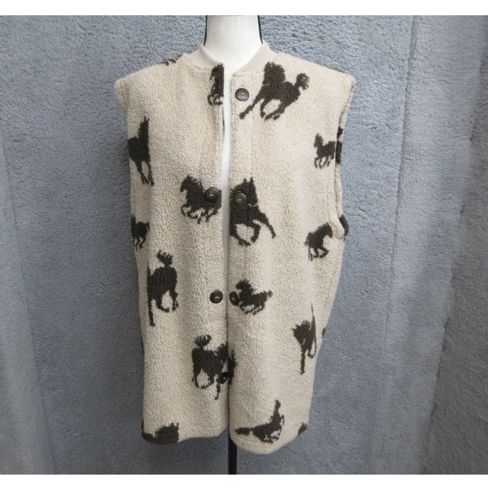 Vintage Outback Trading Co Horse Print Sherpa Fleece Vest Women S Tan Equestrian